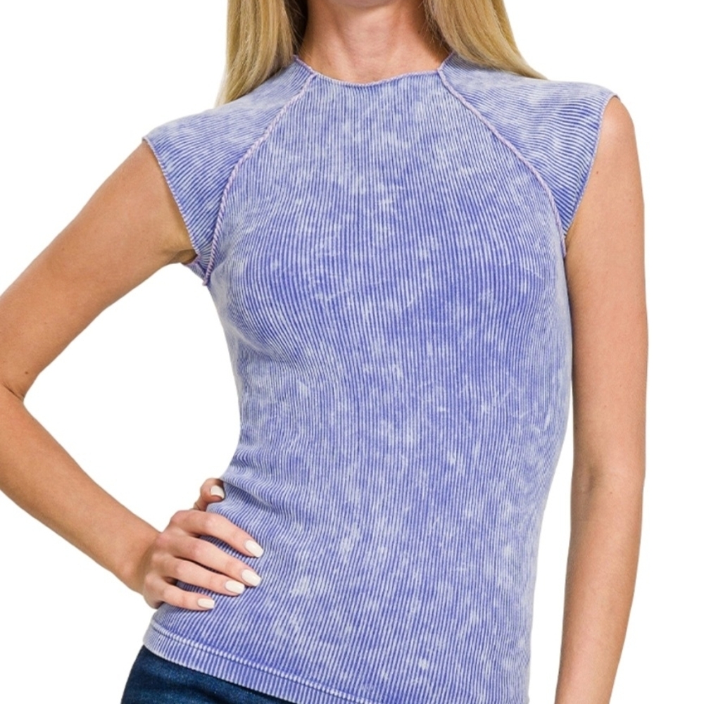 104 NWT Zenana Outfitters Blue Stone Washed Ribbed Seamlessm Top Sm/Md...Lg/XL - Picture 3 of 10